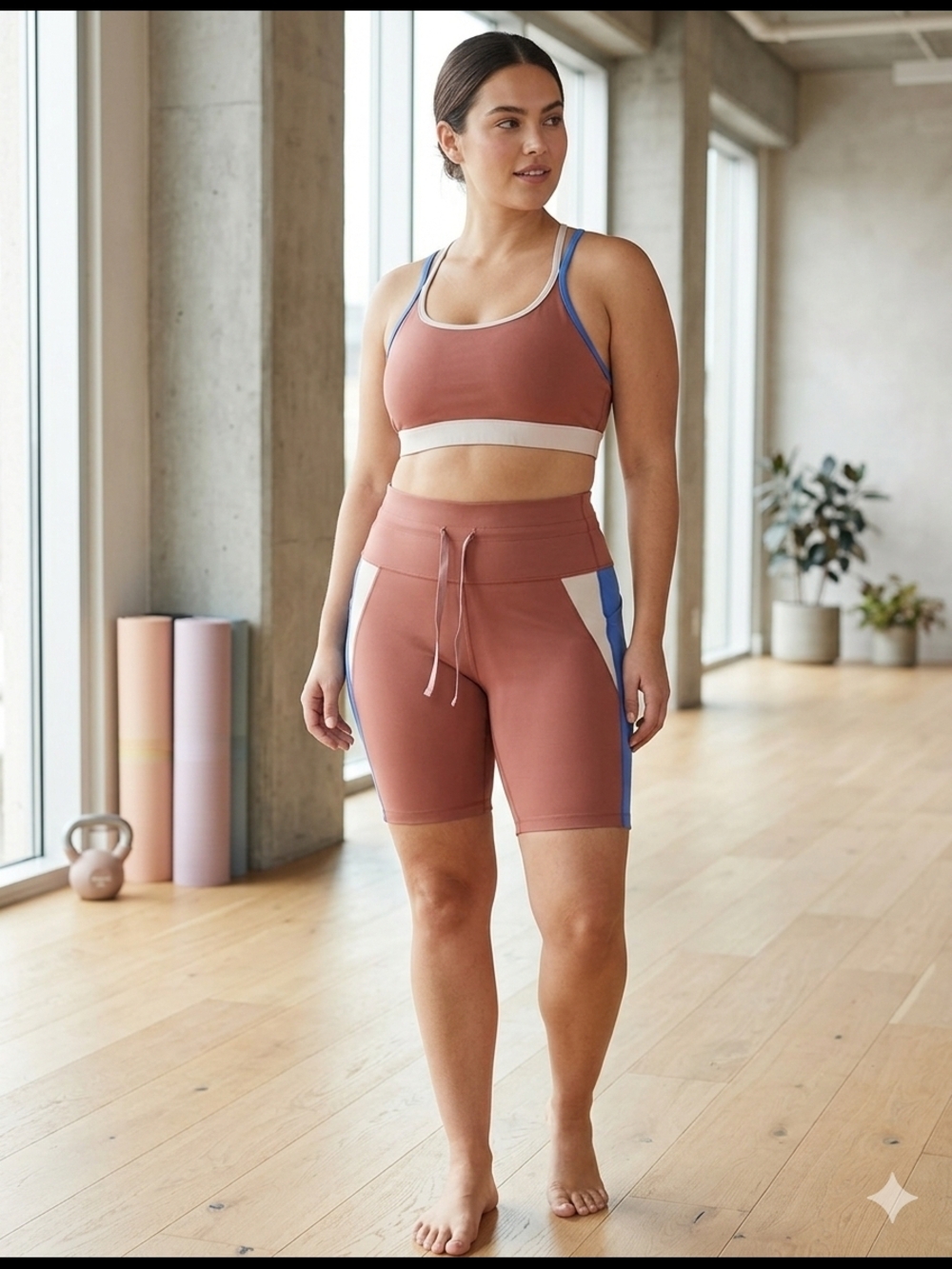 aerie Mauve Pink Colorblock Sports Bra & Biker Shorts Set